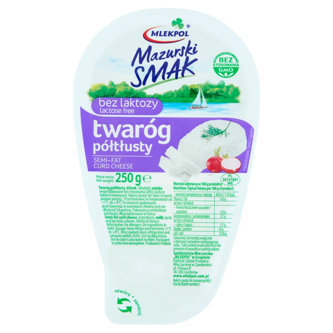 MLEKPOL MAZURSKI SMAK Twarog poltlusty bez laktozy. 26,36 zl/kg