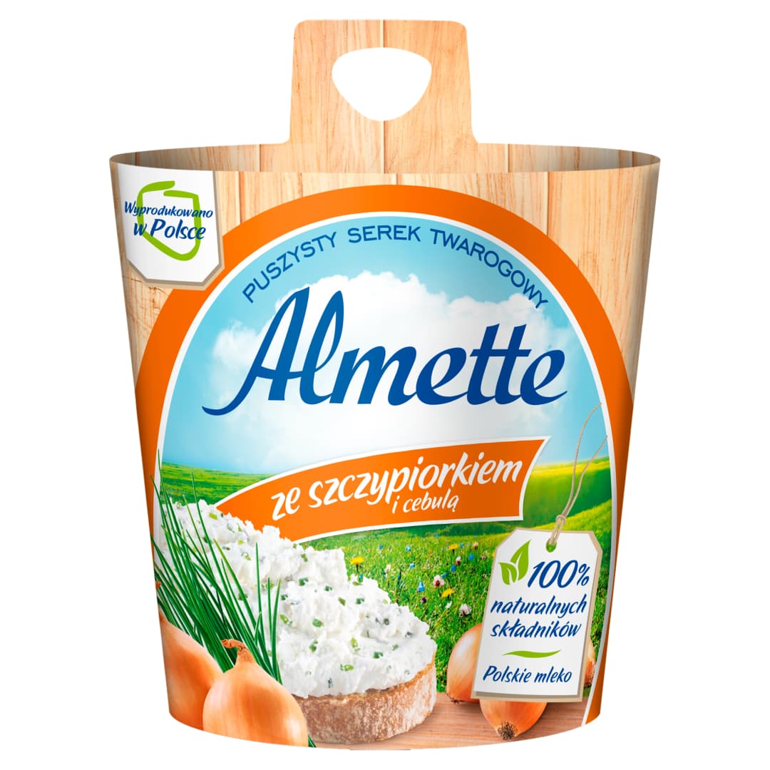 ALMETTE Puszysty serek twarogowy ze szczypiorkiem i cebula. 35,93 zl/kg